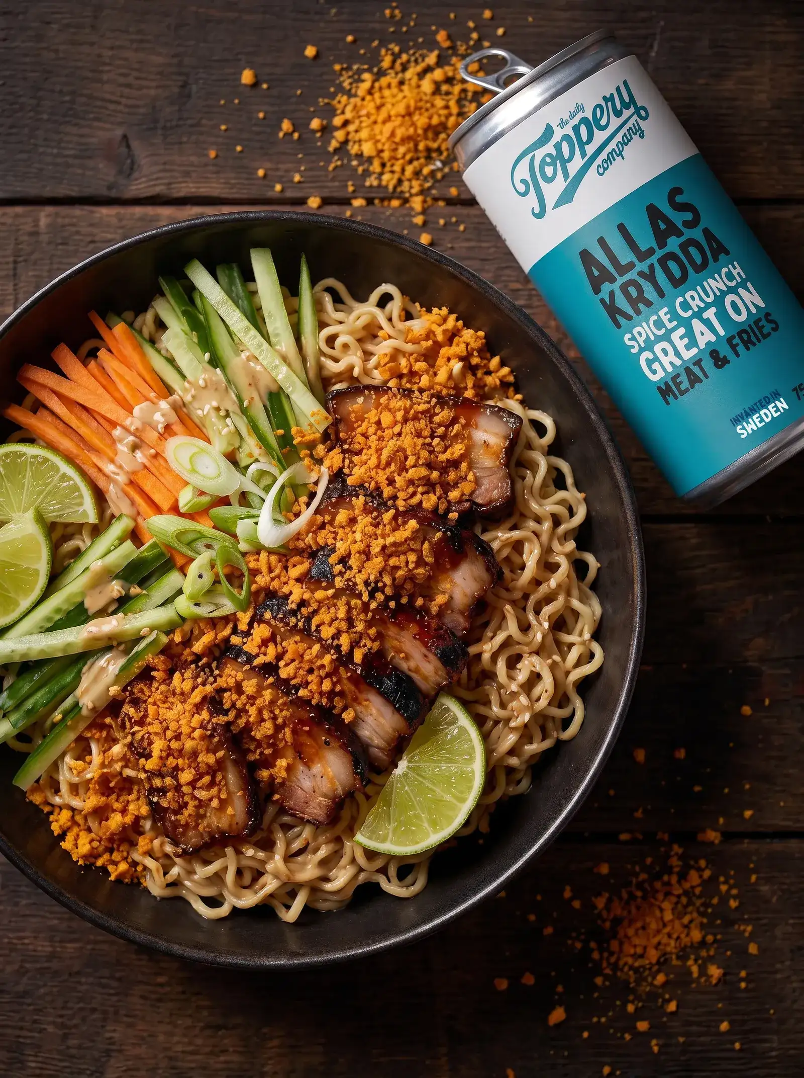 BBQ Pork Belly Allas Ramen Salad toppad med Toppery Allas Krydda