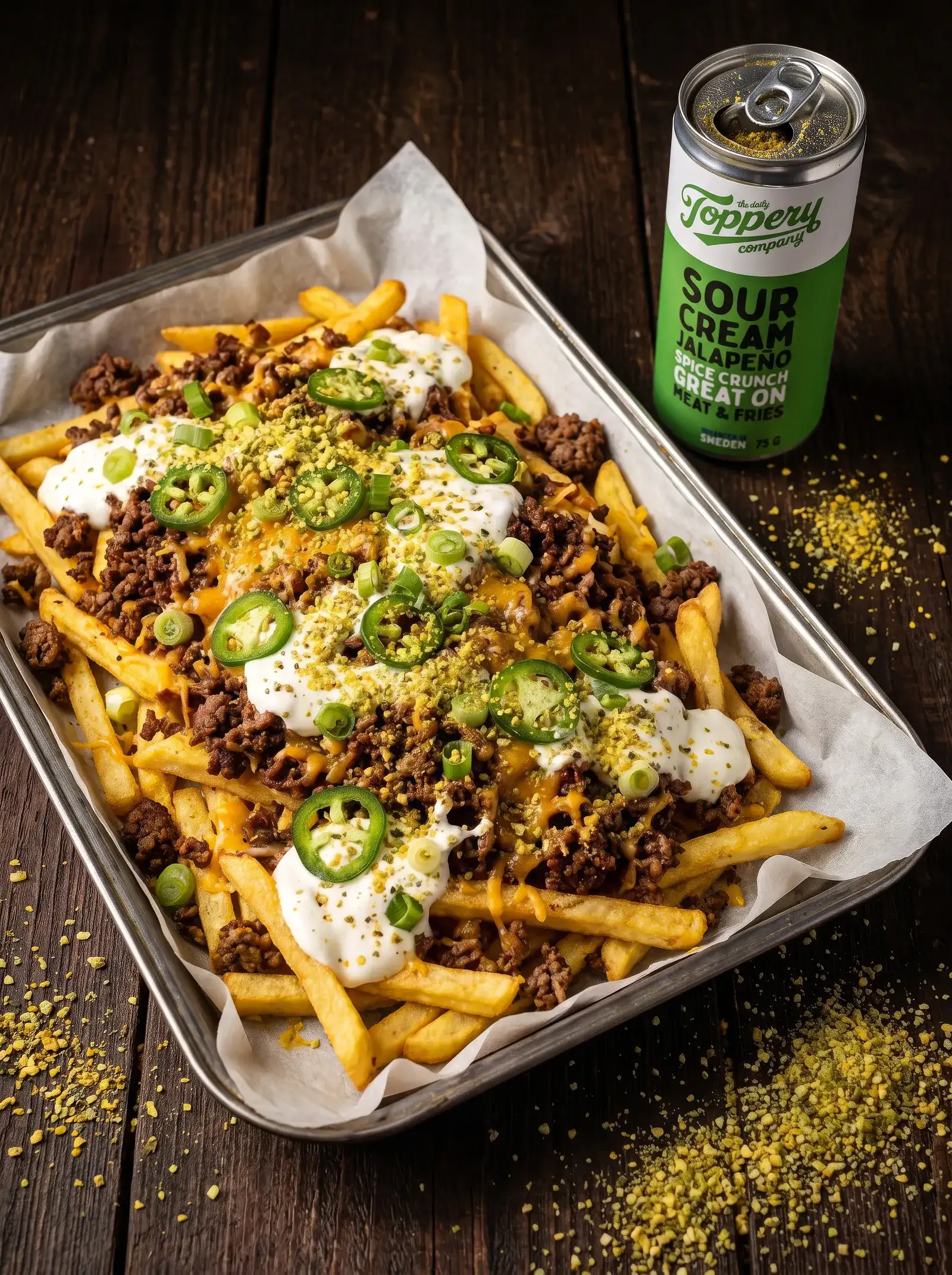 Dirty Jalapeño Smash Fries toppad med Toppery Sour Creamy Jalapeño