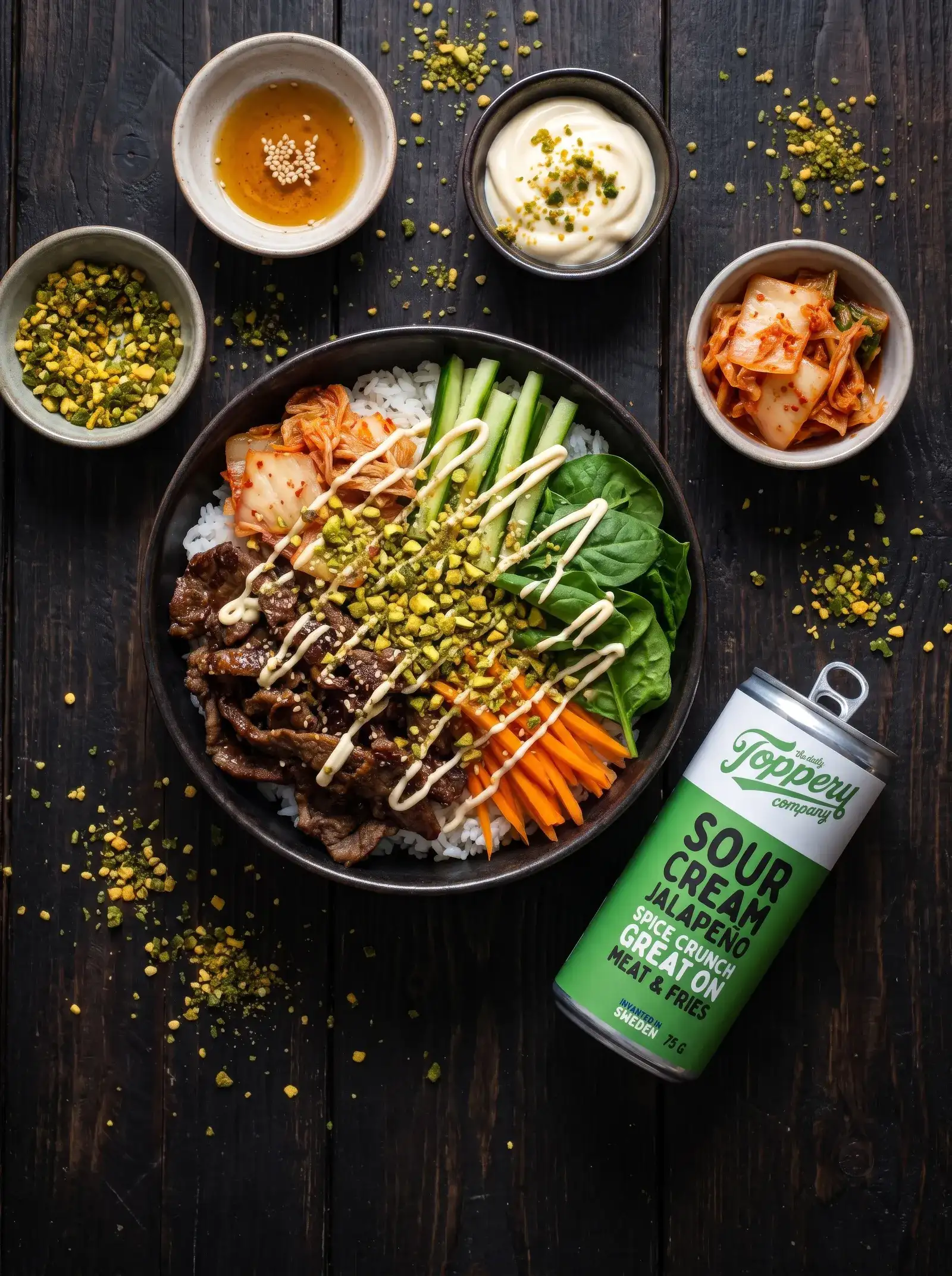 Korean BBQ Bulgogi Bowl toppad med Toppery Sour Creamy Jalapeño