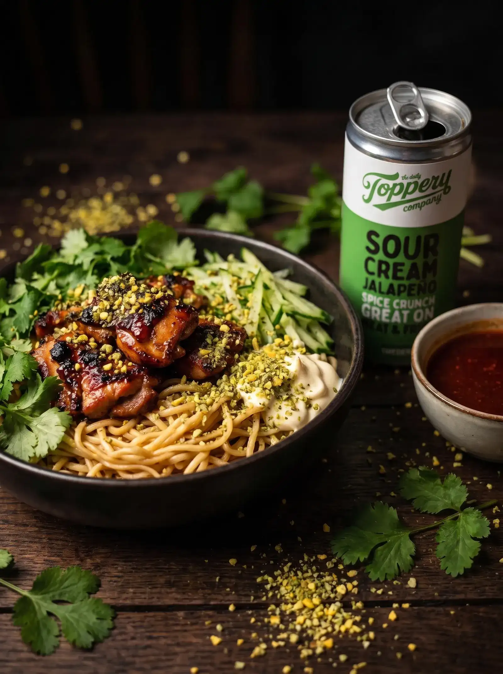 Korean BBQ Spicy Chicken Noodles toppad med Toppery Sour Creamy Jalapeño