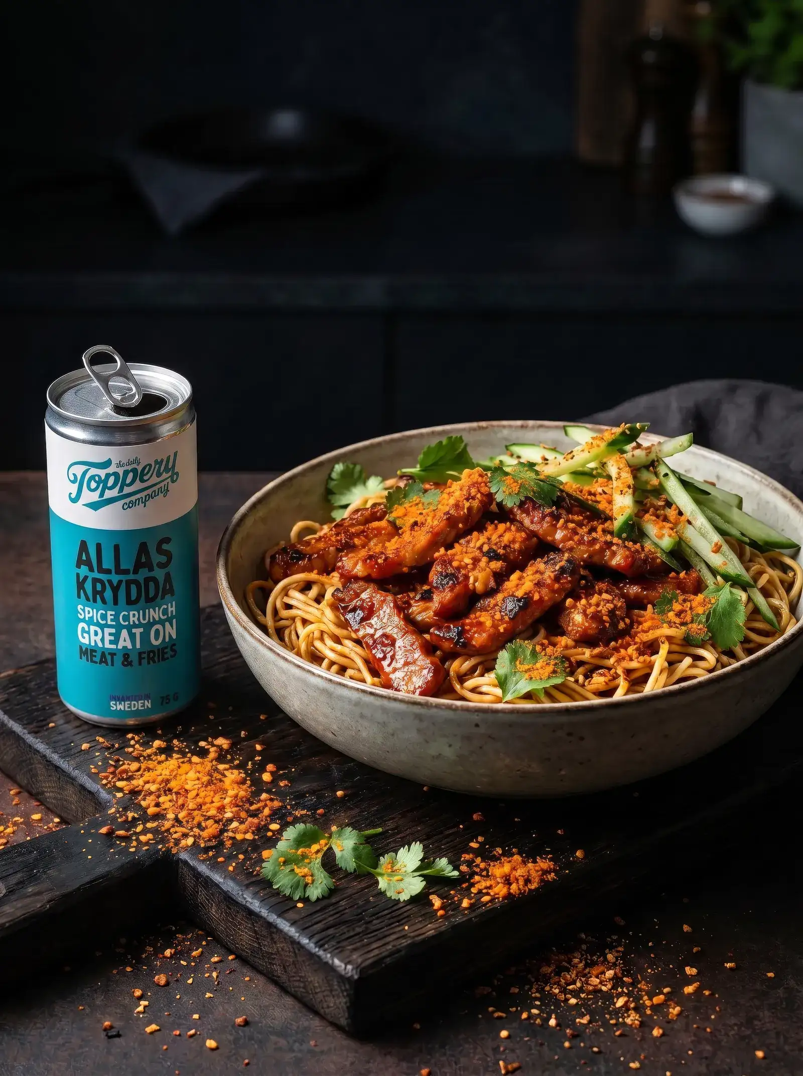 Korean BBQ Spicy Pork Noodles toppad med Toppery Allas Krydda