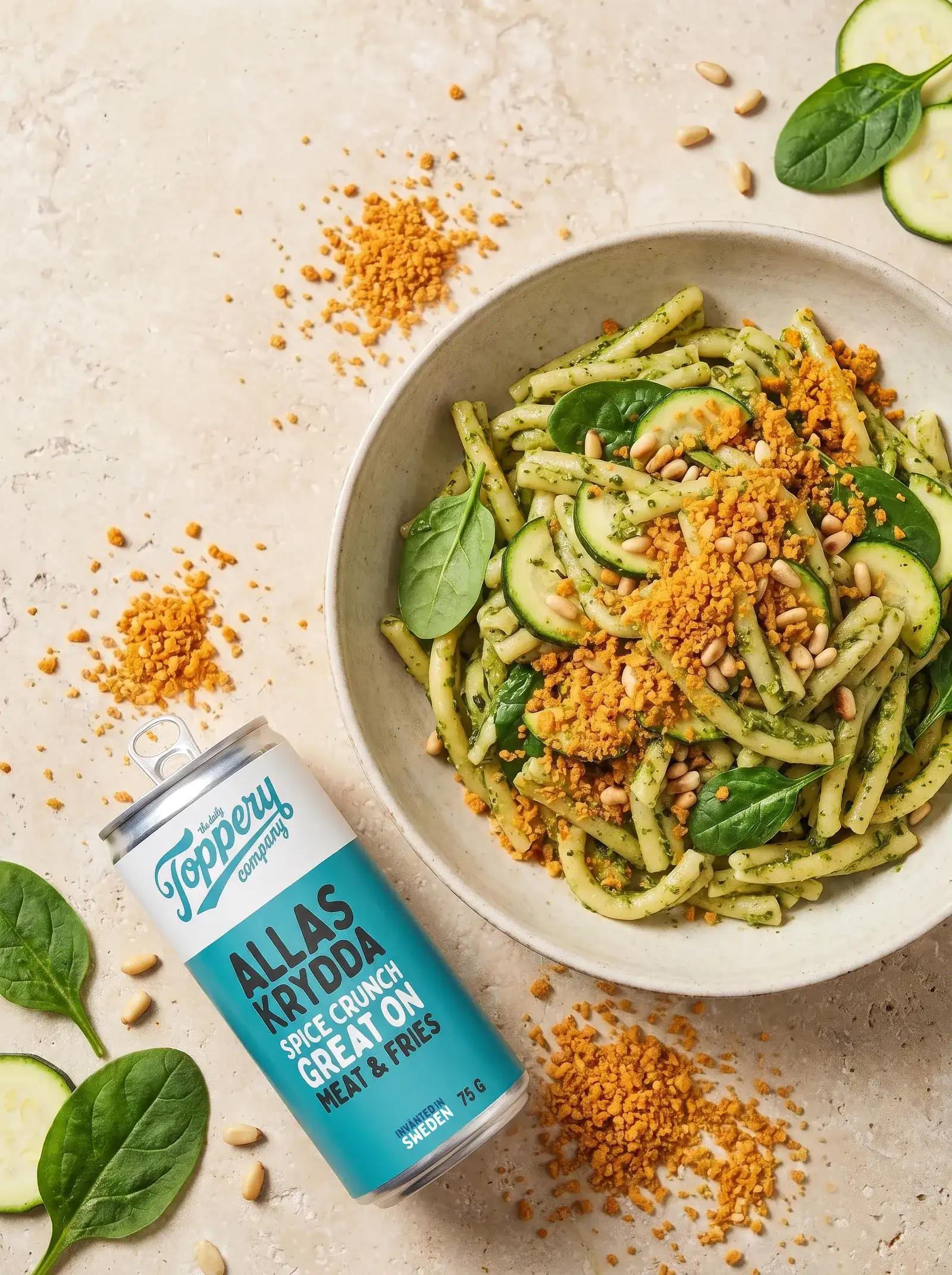 Pesto & Veg Allas Pasta toppad med Toppery Allas Krydda