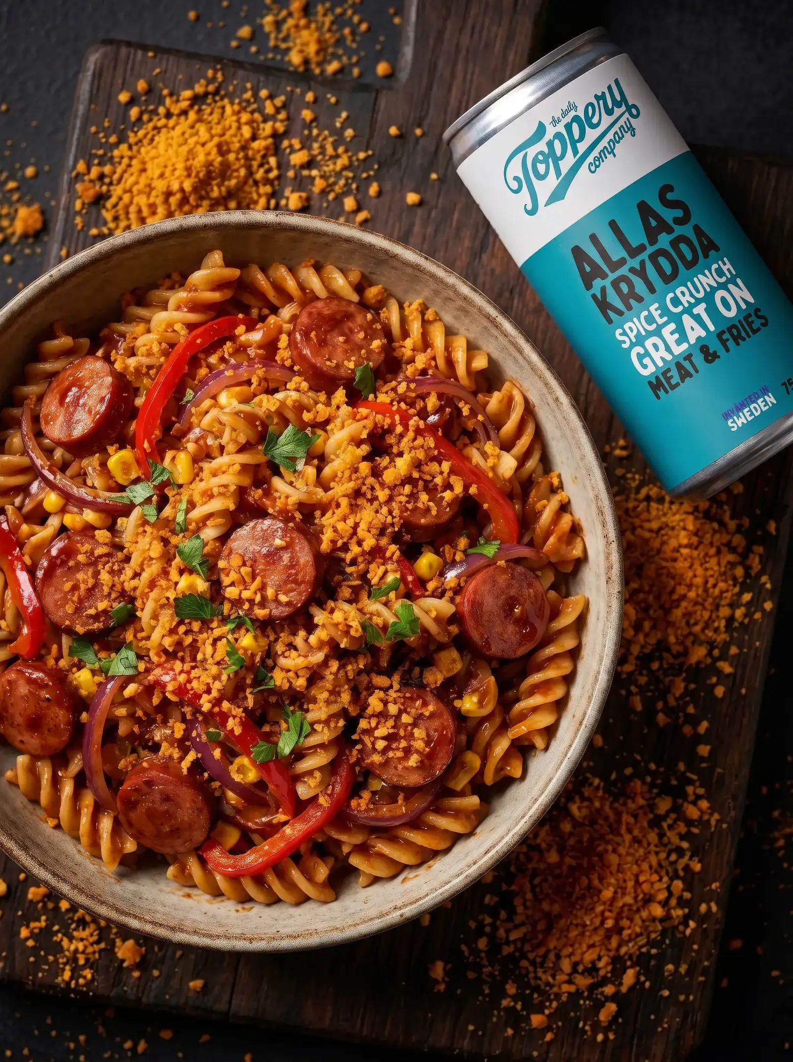 Texas BBQ Smoked Sausage Pasta toppad med Toppery Allas Krydda