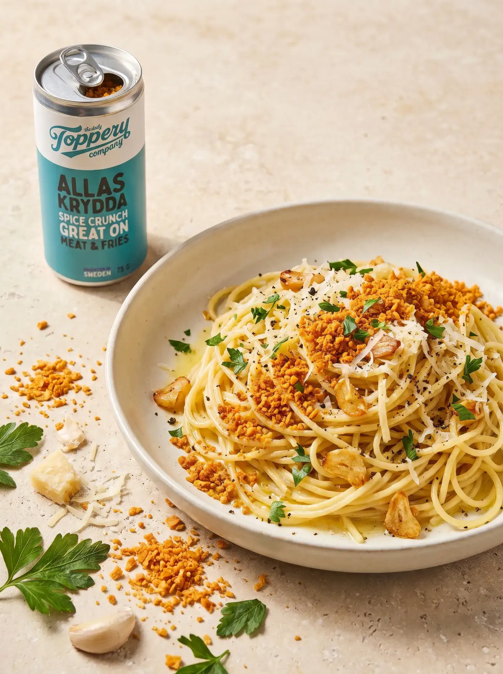 Garlic Butter Allas Pasta toppad med Toppery Allas Krydda
