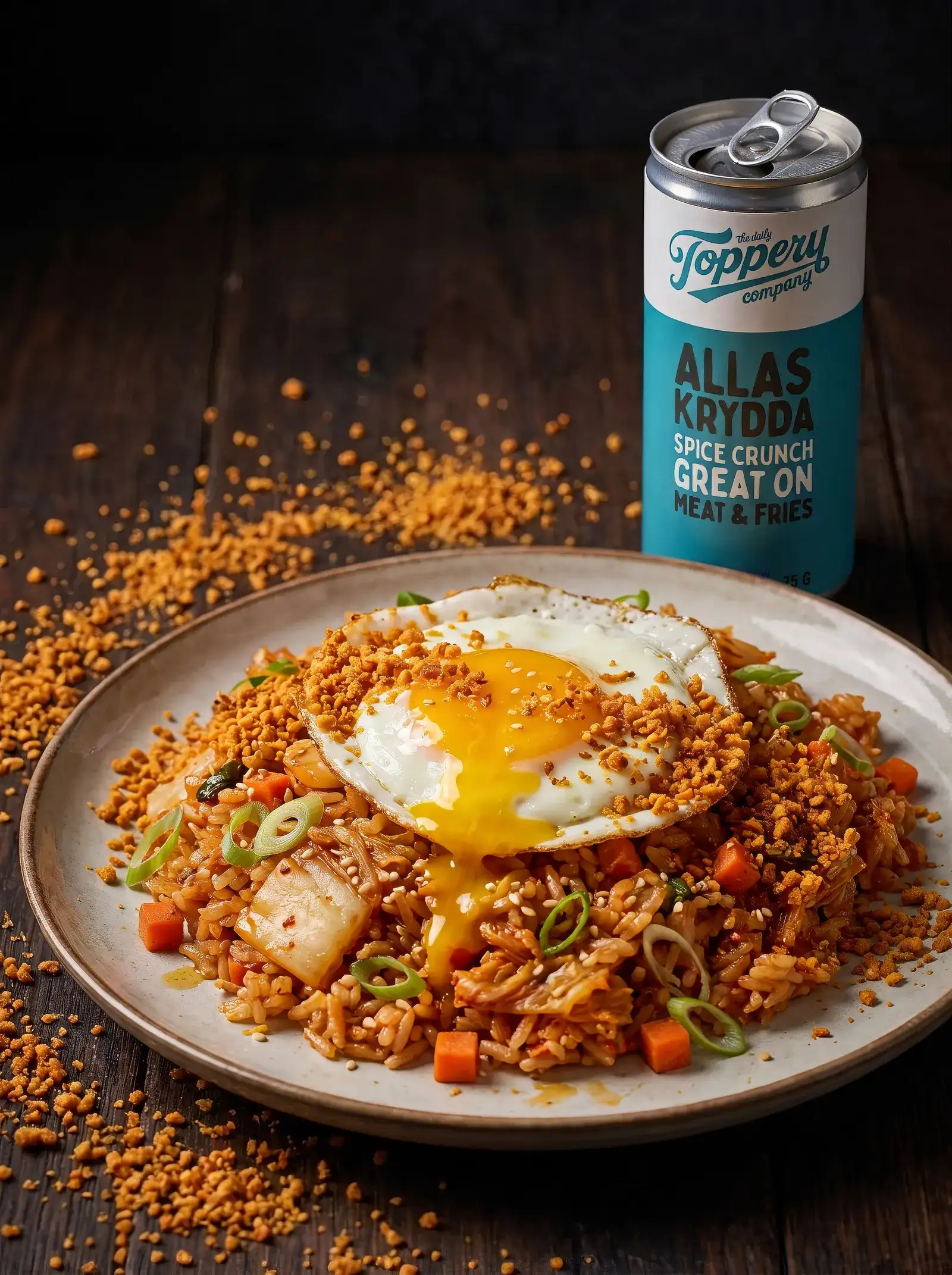 Korean BBQ Kimchi Fried Rice toppad med Toppery Allas Krydda