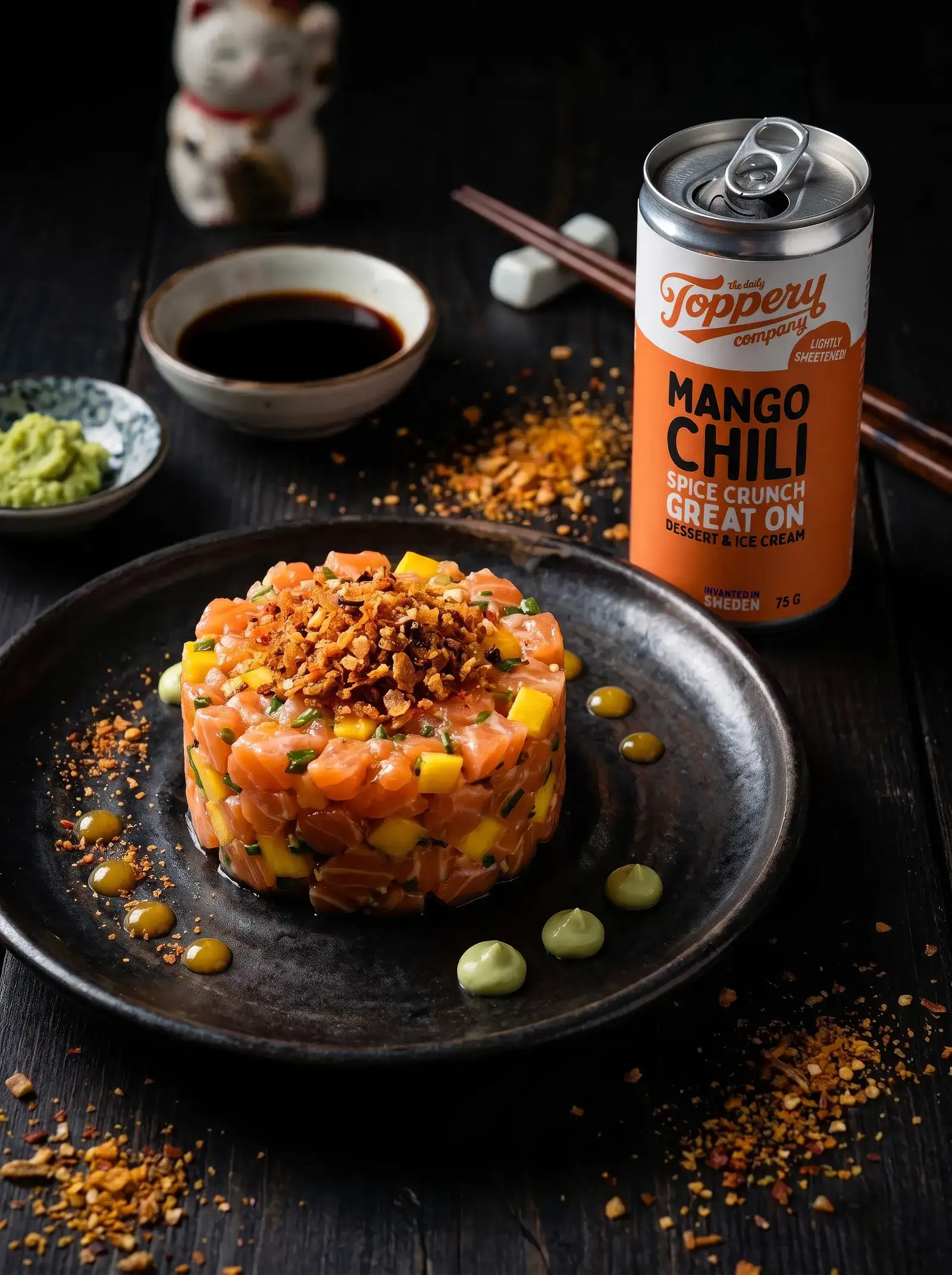 Mango Chili Japanese Salmon Tartare toppad med Toppery Mango Chili