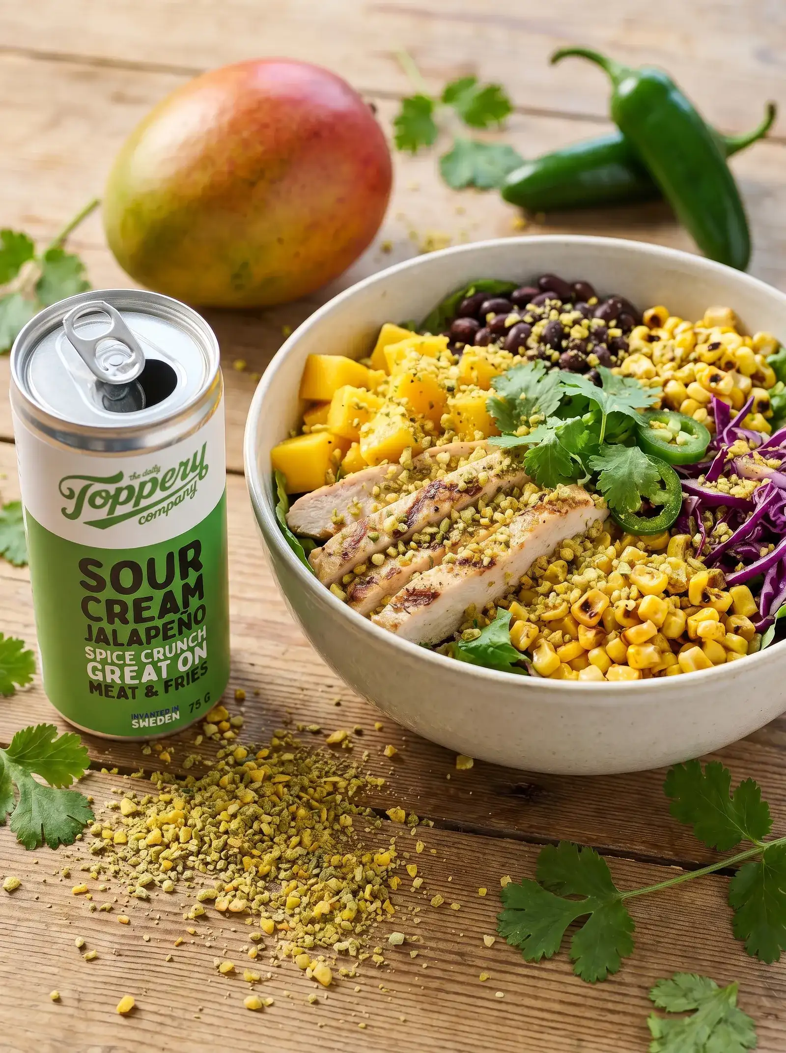 Mango & Corn Street Salad toppad med Toppery Sour Creamy Jalapeño