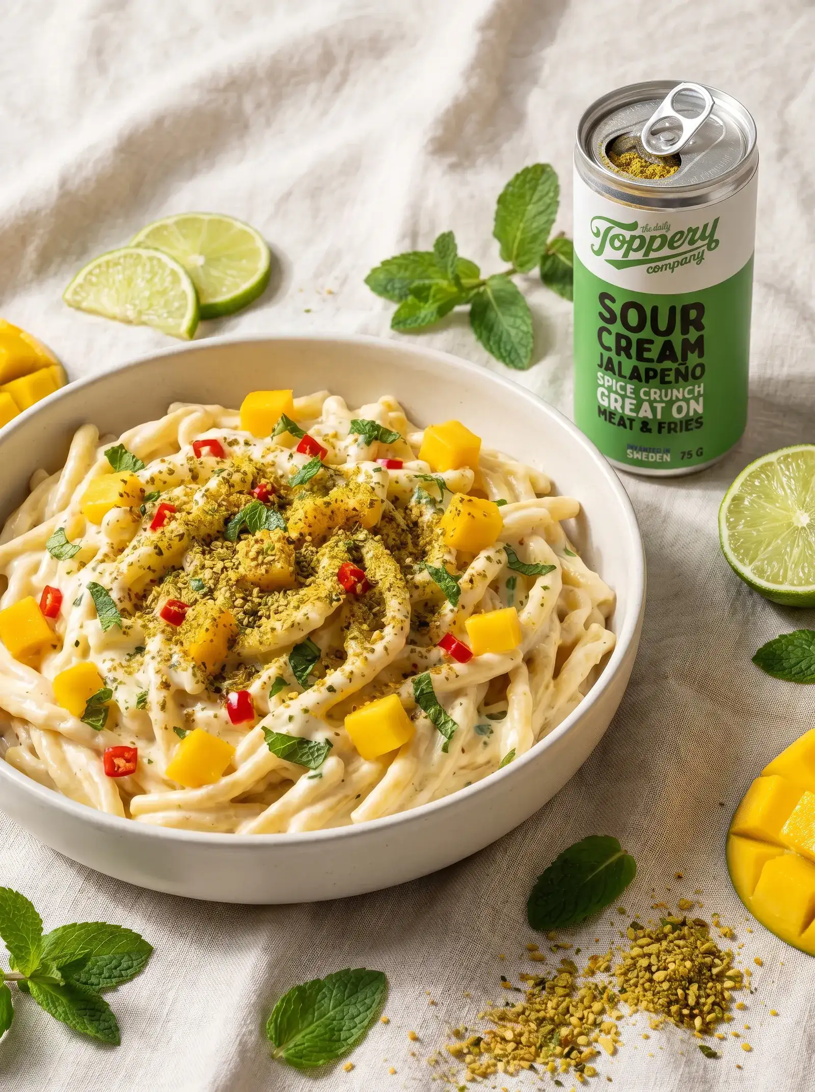 Mango Lime Jalapeño Pasta toppad med Toppery Sour Creamy Jalapeño