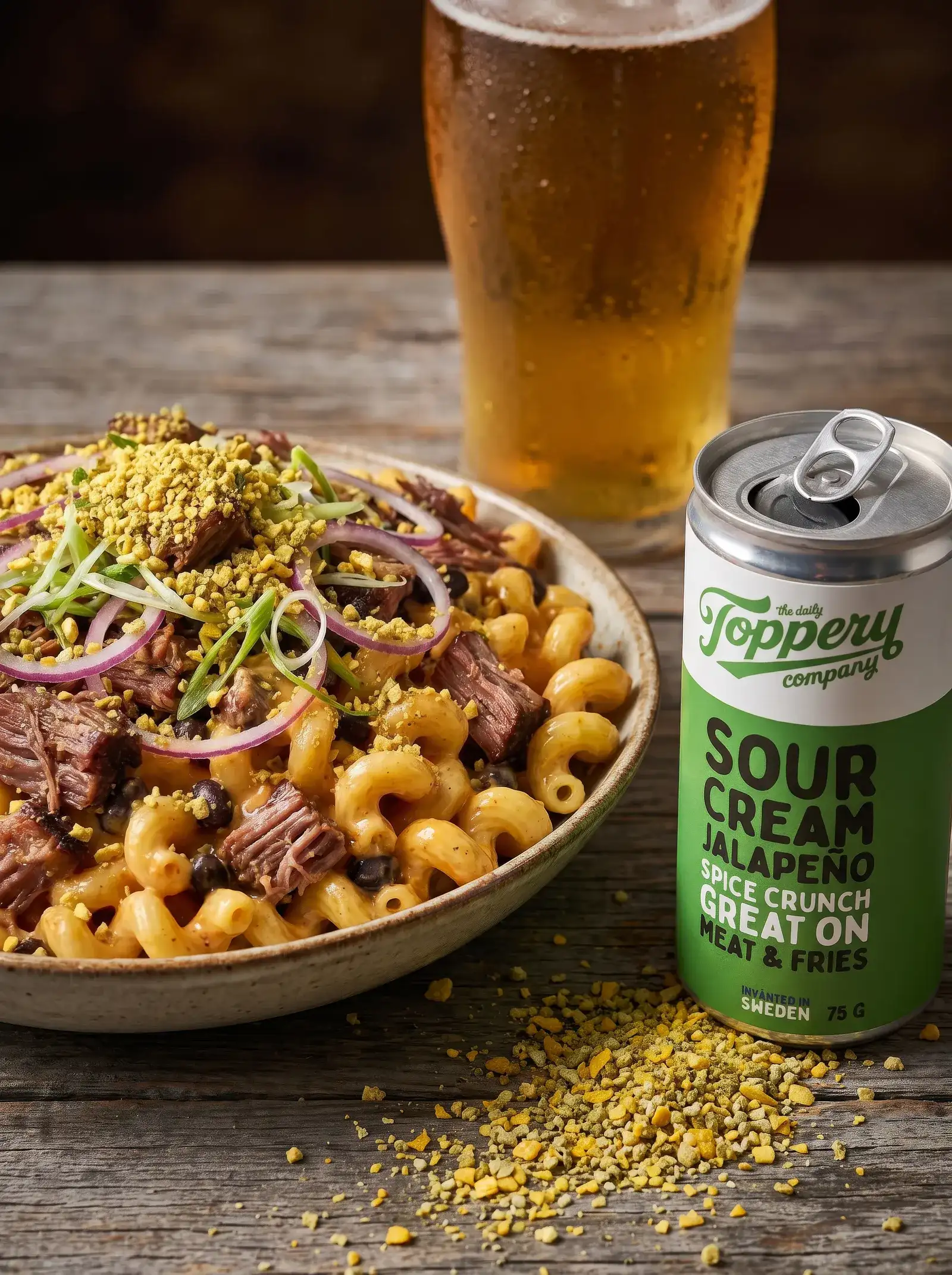 Texas BBQ Brisket Mac toppad med Toppery Sour Creamy Jalapeño
