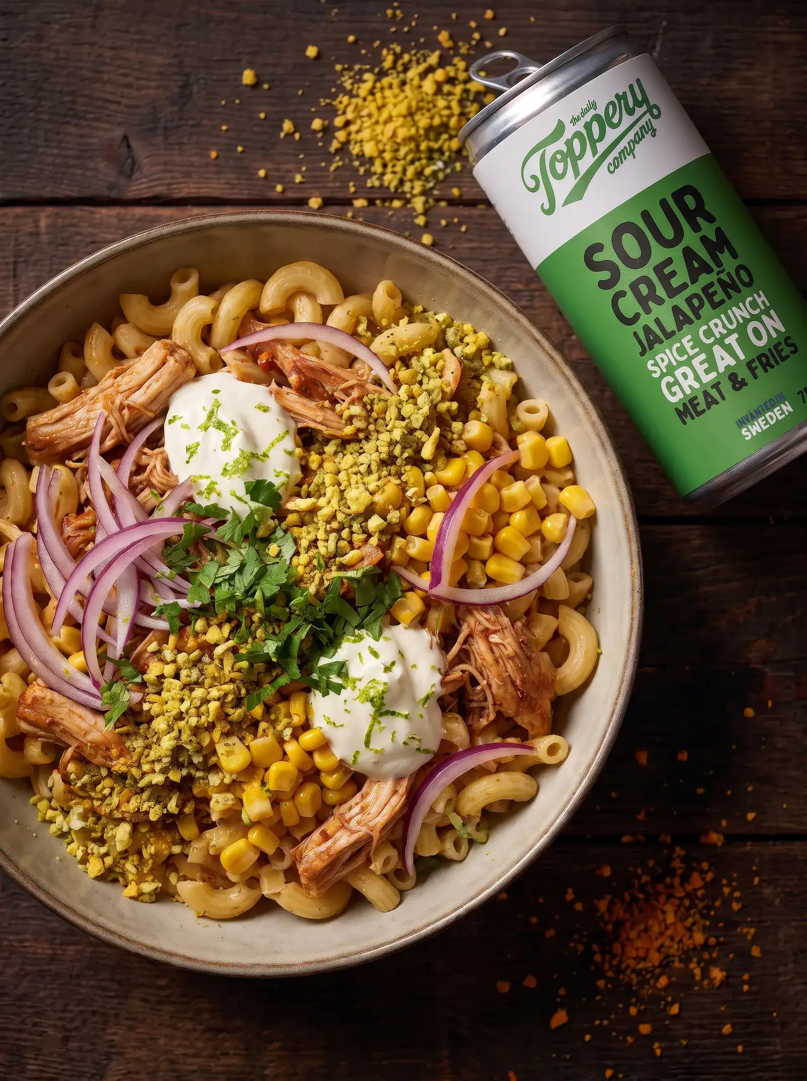 Texas BBQ Pulled Chicken Pasta toppad med Toppery Sour Creamy Jalapeño