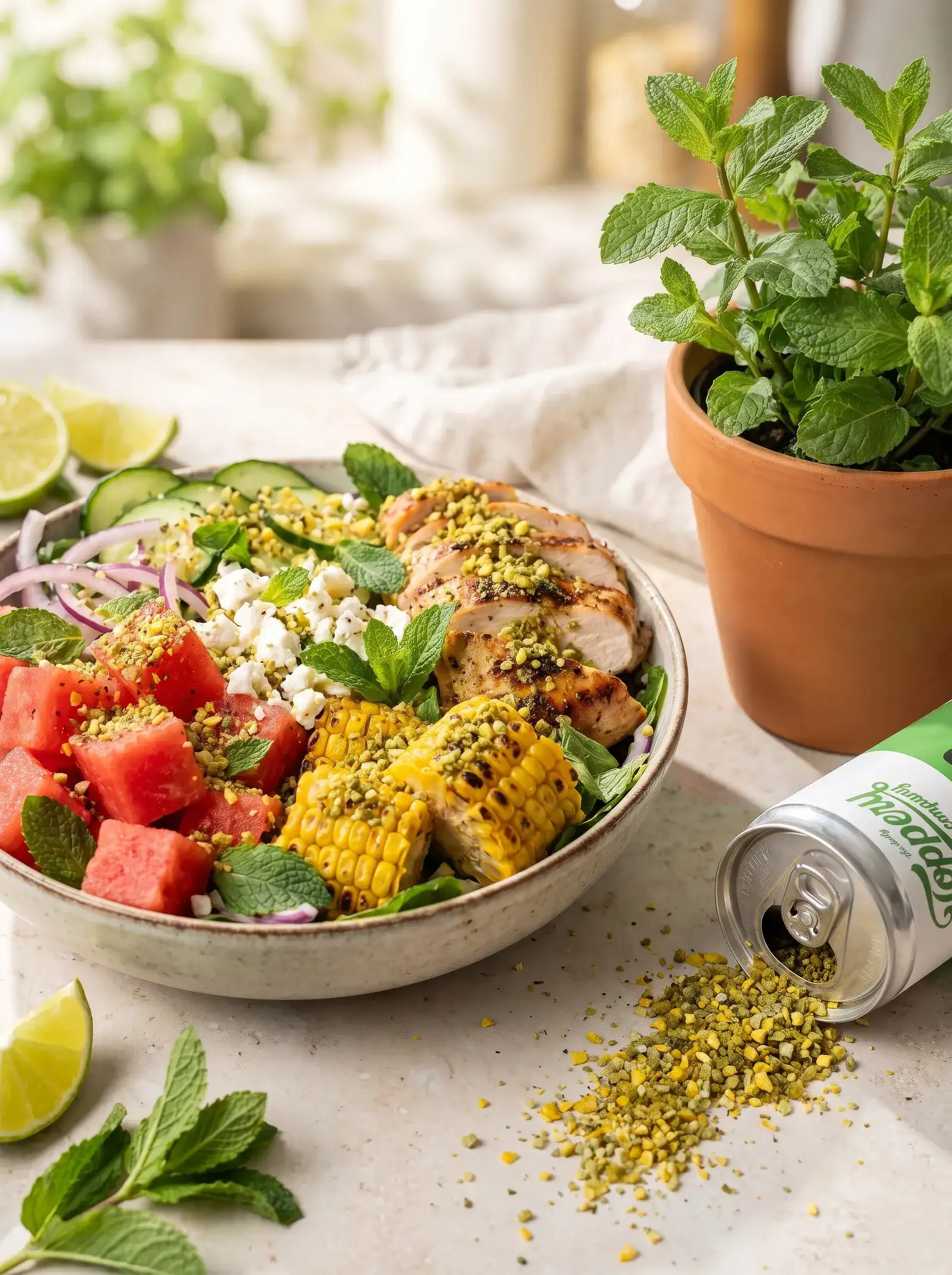 Watermelon Jalapeño Chicken Salad toppad med Toppery Sour Creamy Jalapeño